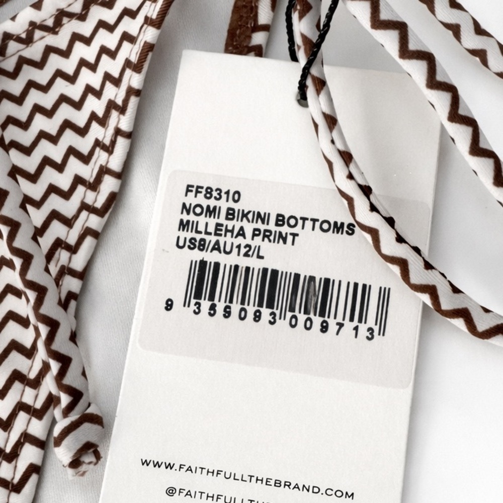 Faithfull The Brand Nomi Bikini Bottoms Milleha Print Side Tie Brown White L NWT - Picture 4 of 6